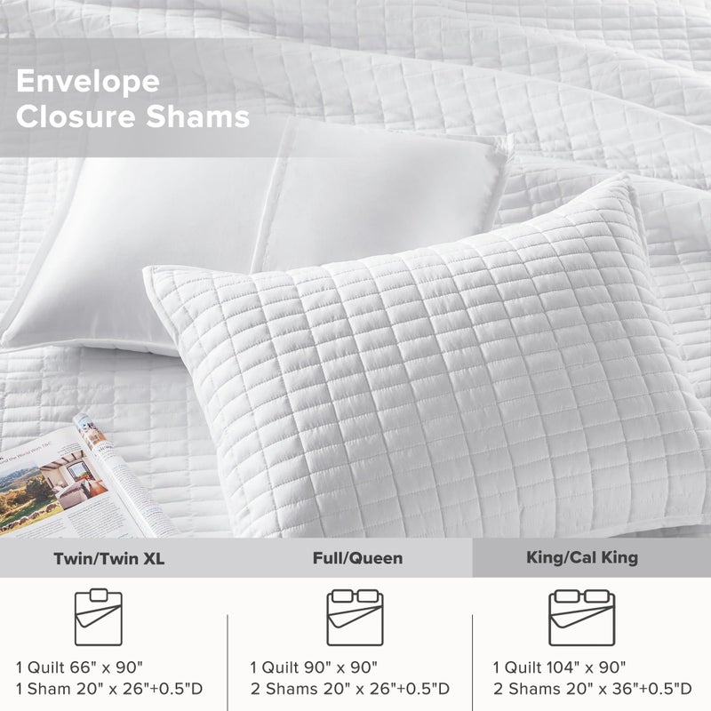 Comfort Spaces Kienna Quilt Set- Double Sided Stitching Design Summer Blanket, Lightweight, Soft, All Season Bedding Layer, Matching Sham, White, Coverlet King (104"x90") 3 Piece - Image 5